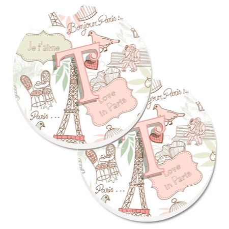 Carolines Treasures Letter T Love in Paris Pink Set of 2 Cup Holder Car Coaster CJ2002-TCARC